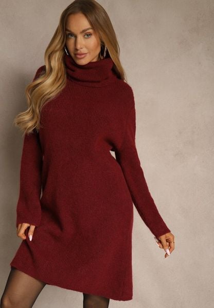 Bordowa Sweterkowa Sukienka Golf z Wełną i Wiskozą Fedorina. Czerwone sukienki Renee, na co dzień, bez wzorów, z wełny, bez kołnierzyka, bez ramiączek, midi, oversize. Za 179.99 zł.