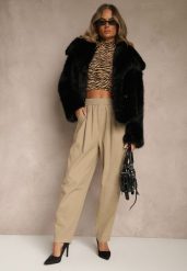 Beżowe Spodnie High Waist z Bawełny o Szerokim Kroju Nalitia. Brązowe spodnie materiałowe Renee, na co dzień, m, bez wzorów, z bawełny, z podwyższonym stanem. Za 69.99 zł.
