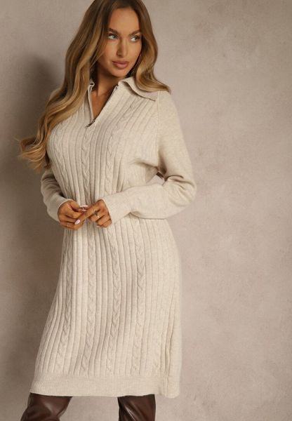 Jasnobeżowa Sweterkowa Sukienka z Bawełną i Wełną Ozdobiona Suwakiem Reinda. Brązowe sukienki Renee, na co dzień, l, bez wzorów, z bawełny, bez kołnierzyka, bez ramiączek, midi, oversize. Za 89.99 zł.