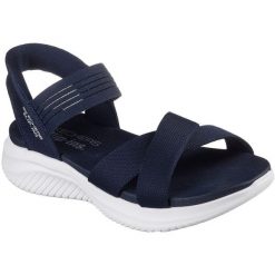 Sandały damskie Skechers Ultra Flex 3.0 Nev. Niebieskie sandały Skechers, bez wzorów, z materiału, bez obcasa, bez zapięcia. Za 490.00 zł.