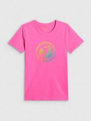 4F T-shirt regular z nadrukiem damski - różowy M. Czerwone t-shirty 4f, m, bez wzorów, z bawełny, bez kołnierzyka, bez ramiączek. Za 59.99 zł.