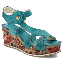 Turkusowe Sandały Laura Vita Eleganckie Obuwie Damskie. Niebieskie sandały Laura Vita, bez wzorów, z jeansu, eleganckie, bez obcasa, na koturnie, bez zapięcia. Za 329.00 zł.