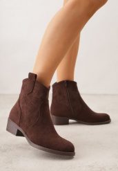 Brązowe Ażurowe Botki na Słupku Typu Kowbojki Iolerine. Brązowe botki Renee, w ażurowe wzory, z jeansu, bez obcasa, na płaskiej podeszwie, bez zapięcia. Za 129.99 zł.