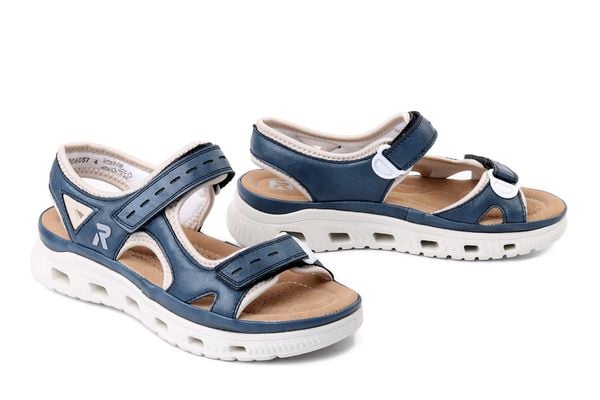 RIEKER 64066-14 blue combination, sandały damskie. Niebieskie sandały Rieker, bez wzorów, bez obcasa, bez zapięcia. Za 237.93 zł.