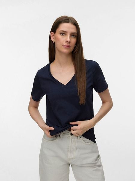 Vero Moda Koszulka w kolorze granatowym rozmiar: S. Niebieskie bluzki Vero Moda, s, bez wzorów, z bawełny, bez kołnierzyka, bez ramiączek. Za 42.95 zł.