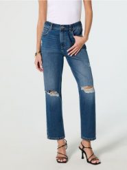Jeansy mom fit z przetarciami - granatowy. Niebieskie jeansy Sinsay, l, bez wzorów. W wyprzedaży za 32.99 zł.