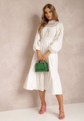 Biała Sukienka Diomime. Białe sukienki Renee, na imprezę, l, z aplikacjami, z koronki, boho, bez kołnierzyka, bez ramiączek, midi. Za 179.99 zł.