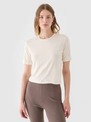 4F T-shirt slim gładki damski - biały S. Białe t-shirty 4f, s, bez wzorów, z dzianiny, bez kołnierzyka, bez ramiączek. W wyprzedaży za 19.99 zł.