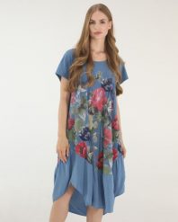 SUKIENKA W KWIATY Z FALBANĄ 199-23576 JEANS. Sukienki Unisono, bez wzorów, z bawełny, bez kołnierzyka, bez ramiączek. Za 134.00 zł.