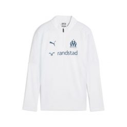 Młodzieżowa bluza treningowa Olympique Marsylia z zamkiem 1/4 PUMA. Biała bluzy Puma, m, bez wzorów, bez kaptura. W wyprzedaży za 194.50 zł.