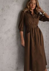Brązowa Bawełniana Sukienka Koszulowa w Stylu Retro z Wiązanym Paskiem Meresa. Brązowe sukienki Renee, na imprezę, l, bez wzorów, z bawełny, eleganckie, bez kołnierzyka, bez ramiączek, maxi, koszulowe. Za 199.99 zł.