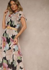 Czarna Rozkloszowana Sukienka Zdobiona Wiązaniem i Paskiem z Klamrą Sorisse. Czarne sukienki Renee, na spacer, l, z aplikacjami, eleganckie, bez kołnierzyka, bez ramiączek, maxi, rozkloszowane. Za 89.99 zł.