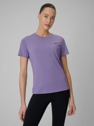 4F Koszulka treningowa regular szybkoschnąca damska - fioletowa S. Fioletowe bluzki 4f, s, bez wzorów, bez kołnierzyka, bez ramiączek. Za 79.99 zł.