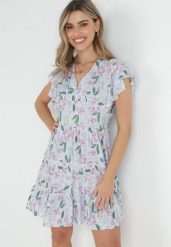 Jasnofioletowa Sukienka Taliowana z Wiskozy w Kwiaty Adomisia. Fioletowe sukienki Born2be, na lato, m, bez wzorów, z wiskozy, bez kołnierzyka, bez ramiączek, mini. Za 74.99 zł.