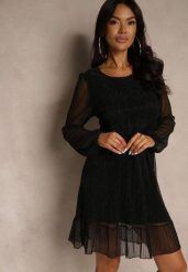 Czarna Rozkloszowana Wiskozowa Sukienka z Metaliczną Nicią Melanissa. Czarne sukienki Renee, na co dzień, m, bez wzorów, z jeansu, eleganckie, bez kołnierzyka, bez ramiączek, mini, rozkloszowane. Za 119.99 zł.
