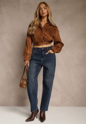 Granatowe Jeansy Mom Fit High Waist z Wiskozą Erralia. Niebieskie jeansy Renee, l, bez wzorów, z podwyższonym stanem. Za 109.99 zł.