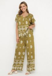 Zielono-Biały Bawełniany Komplet Koszula i Szerokie Spodnie w Stylu Boho Ollirive. Zielone koszule Born2be, l, z aplikacjami, z bawełny, boho, bez kołnierzyka, bez ramiączek. Za 64.99 zł.