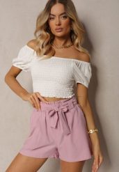 Jasnofioletowe Szorty Bermudy High Waist z Dodatkiem Bawełny Wiązane w Pasie Quisevia. Fioletowe szorty Renee, bez wzorów, z bawełny, z podwyższonym stanem. Za 39.99 zł.