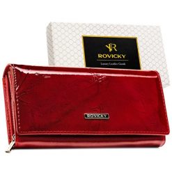 Portfel damski lakierowany czerwony duży ze skóry naturalnej i ekologicznej ochrona RFID Rovicky RPN-28-YM. Brązowe portfele ROVICKY, bez wzorów, z lakierowanej skóry. Za 89.99 zł.