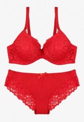 Czerwony Koronkowy Komplet Biustonosz i Majtki Figi w Klasycznym Stylu Ezirene. Czerwone figi Renee, z aplikacjami, z jeansu. Za 39.99 zł.