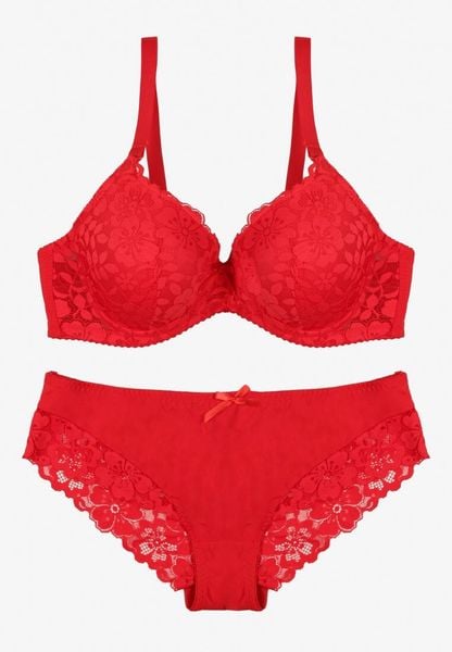 Czerwony Koronkowy Komplet Biustonosz i Majtki Figi w Klasycznym Stylu Ezirene. Czerwone figi Renee, z aplikacjami, z jeansu. Za 39.99 zł.