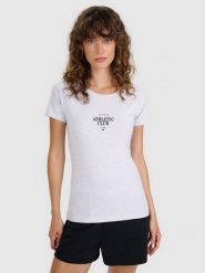 4F T-shirt slim z nadrukiem damski - szary S. Szare koszulki sportowe 4f, bez wzorów, z bawełny, bez ramiączek. W wyprzedaży za 39.99 zł.