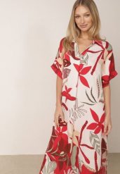 Czerwona Pudełkowa Wiskozowa Sukienka z Roślinnym Wzorem Peredeia. Czerwone sukienki Born2be, na co dzień, uniwersalny, bez wzorów, z tkaniny, bez kołnierzyka, bez ramiączek, midi, proste. Za 89.99 zł.