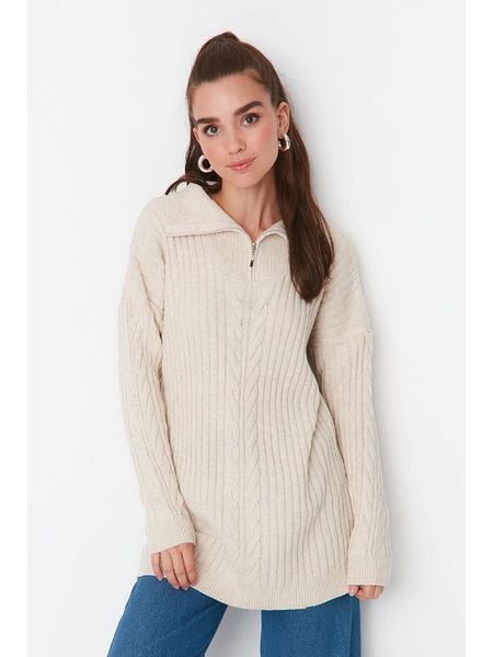Trendyol Sweter w kolorze kremowym rozmiar: M. Brązowe swetry Trendyol, m, bez wzorów, ze splotem, bez ramiączek. Za 94.95 zł.