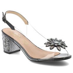 Sandały damskie S. Barski, z ozdobnym kwiatem transparentne eleganckie i ze sprzączką, czarne, MR51-002. Czarne sandały S.BARSKI, bez wzorów, ze skóry, eleganckie, bez obcasa, na obcasie, bez zapięcia. Za 169.99 zł.