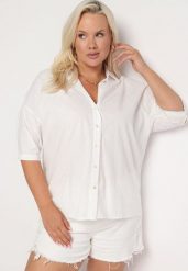 Biała Bawełniana Koszula z Krótkim Rękawem Tinalyni. Białe koszule Born2be, l, bez wzorów, z bawełny, biznesowe, bez kołnierzyka, plus size, bez ramiączek. Za 79.99 zł.