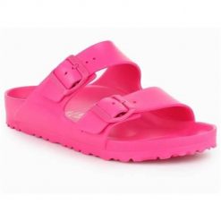 Klapki damskie Birkenstock Arizona Eva. Czerwone klapki Birkenstock, bez wzorów, z materiału, bez obcasa. Za 366.00 zł.