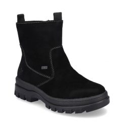 Botki Rieker. Czarne botki Rieker, bez wzorów, bez obcasa, na płaskiej podeszwie, bez zapięcia. Za 389.99 zł.