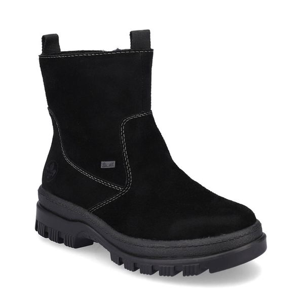 Botki Rieker. Czarne botki Rieker, bez wzorów, bez obcasa, na płaskiej podeszwie, bez zapięcia. Za 349.99 zł.