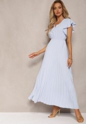 Jasnoniebieska Rozkloszowana Sukienka z Plisami Maxi z Falbankami przy Ramionach Nethula. Niebieskie sukienki Renee, na imprezę, l, bez wzorów, z materiału, bez kołnierzyka, bez ramiączek, maxi, kopertowe. Za 69.99 zł.
