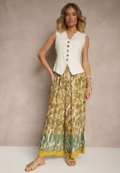 Beżowo-Żółte Szerokie Spodnie z Wiskozy High Waist Ellirelle. Brązowe spodnie materiałowe Renee, na co dzień, l, bez wzorów, z jeansu, z podwyższonym stanem. Za 39.99 zł.