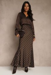 Brązowa Spódnica High Waist w Kropki o Trapezowym Kroju Ravea. Brązowe spódnice Renee, do pracy, l, bez wzorów, biznesowe, maxi, trapezowe. Za 109.99 zł.