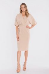 Sukienka elegancka midi kimonowa góra dopasowany dół beżowa. Brązowe sukienki Stylove, do pracy, l, bez wzorów, z poliesteru, biznesowe, bez kołnierzyka, bez ramiączek, midi, dopasowane. Za 289.00 zł.