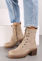Beżowe Botki Workery na Obcasie Ozdobione Wiązaniem Timette. Brązowe botki Born2be, bez wzorów, z jeansu, bez obcasa, na obcasie, bez zapięcia. Za 159.99 zł.