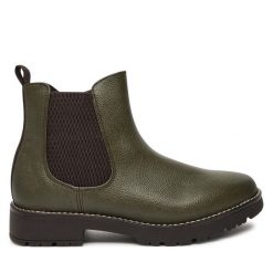 Botki Jana. Zielone botki JANA, bez wzorów, bez obcasa, na płaskiej podeszwie, bez zapięcia. Za 349.99 zł.