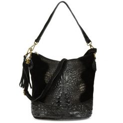 Shopperka czarna skórzana croco W13. Czarne shopper z aplikacjami, z materiału, retro, na ramię, zamszowe, bez dodatków. Za 148.49 zł.