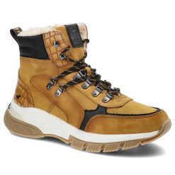 Botki damskie Mustang, skóra ekologiczna sznurowanie z metalowymi przelotkami miękkie ocieplenie wewnątrz i masywna miekkia podeszwa, żółte, 49C0052. Żółte botki Mustang, bez wzorów, z futra, bez obcasa, na platformie, bez zapięcia. Za 329.00 zł.