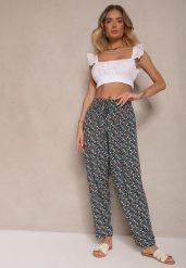 Zielono-Czarne Spodnie z Wiskozy High Waist w Kwiatowy Wzór Liosena. Zielone spodnie materiałowe Renee, na co dzień, l, bez wzorów, z jeansu, z podwyższonym stanem. Za 39.99 zł.