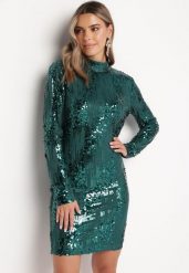 Zielona Dopasowana Sukienka Mini w Cekiny z Golfem Pesara. Zielone sukienki Born2be, na imprezę, l, bez wzorów, bez kołnierzyka, bez ramiączek, mini, dopasowane. Za 189.99 zł.