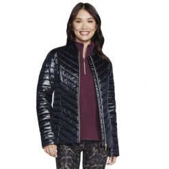 Kurtka sportowa damska GO Shield Shine Jacket. Czarne kurtki sportowe Skechers, xl, bez wzorów, z poliesteru, bez kaptura, trekkingowe. Za 279.99 zł.