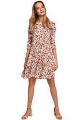 Letnia Sukienka w Drobne Kwiatki - Model 5. Brązowe sukienki MOE, na lato, l, bez wzorów, z materiału, wizytowe, bez kołnierzyka, bez ramiączek. Za 239.90 zł.