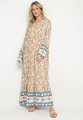 Beżowa Sukienka Rozkloszowana z Ozdobnym Wiązaniem w Boho Wzór Erainea. Brązowe sukienki Born2be, na co dzień, l, z aplikacjami, z jeansu, boho, bez kołnierzyka, bez ramiączek, maxi, proste. Za 79.99 zł.