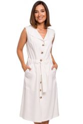 Sukienka koszulowa na lato szmizjerka midi z paskiem i guzikami ecru. Sukienki Sukienki.shop, na co dzień, na lato, s, bez wzorów, z materiału, bez kołnierzyka, bez ramiączek, midi, koszulowe. Za 339.00 zł.