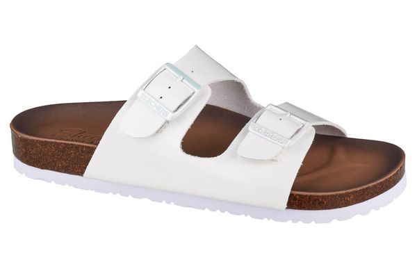 Klapki damskie Skechers Granolagloss Floss. Białe klapki Skechers, bez wzorów, z materiału, bez obcasa. Za 206.20 zł.