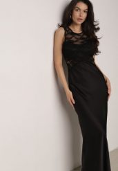 Czarna Koktajlowa Sukienka o Dopasowanym Kroju z Koronką Bermine. Czarne sukienki Born2be, do pracy, l, z aplikacjami, z koronki, biznesowe, bez kołnierzyka, bez ramiączek, maxi, dopasowane. Za 139.99 zł.