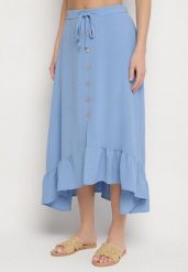 Niebieska Asymetryczna Spódnica z Falbanami i Ozdobnymi Guzikami Marolana. Niebieskie spódnice Born2be, na co dzień, l, bez wzorów, eleganckie, midi, asymetryczne. Za 59.99 zł.